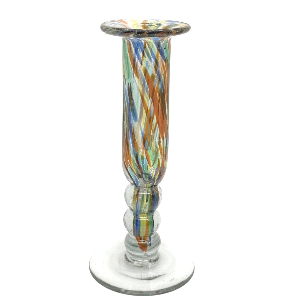 Vintage Hand Blown Art Glass Candlestick Murano Style Multicolor‎ Twist